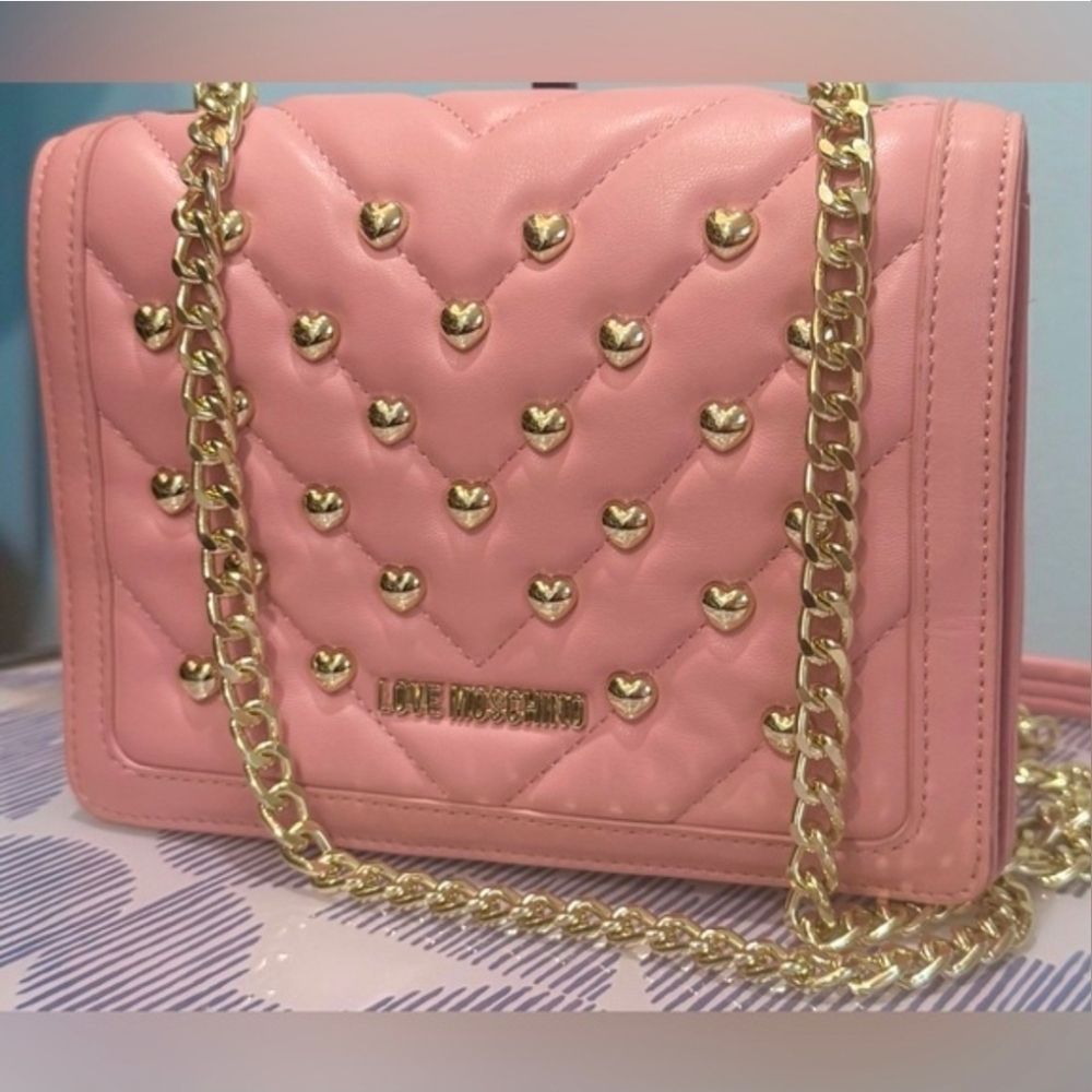 Love Moschino Borsa Pink Quilted Heart Stud Crossbody Bag.